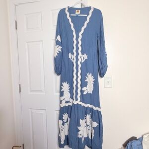 FARM Rio Blue Maxi Dress with White Embroidery